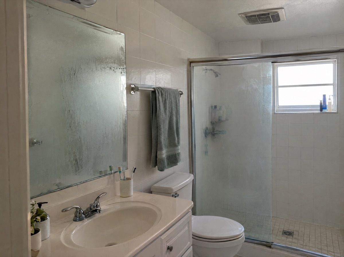 Small bathroom after a shower, with a fogged mirror and a ceiling exhaust fan.