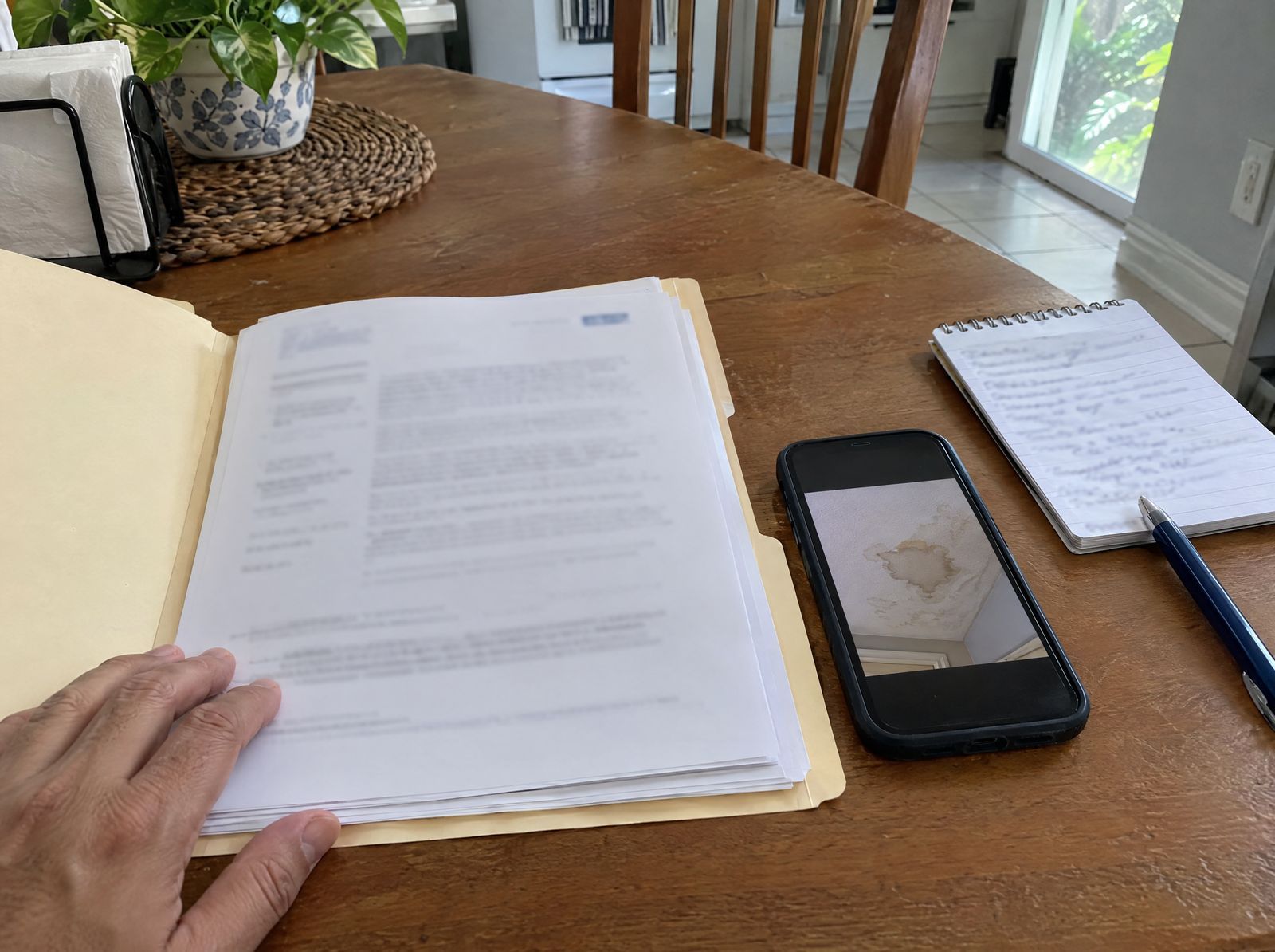 Folder of insurance papers on a kitchen table beside a phone showing a ceiling water stain and a notepad.