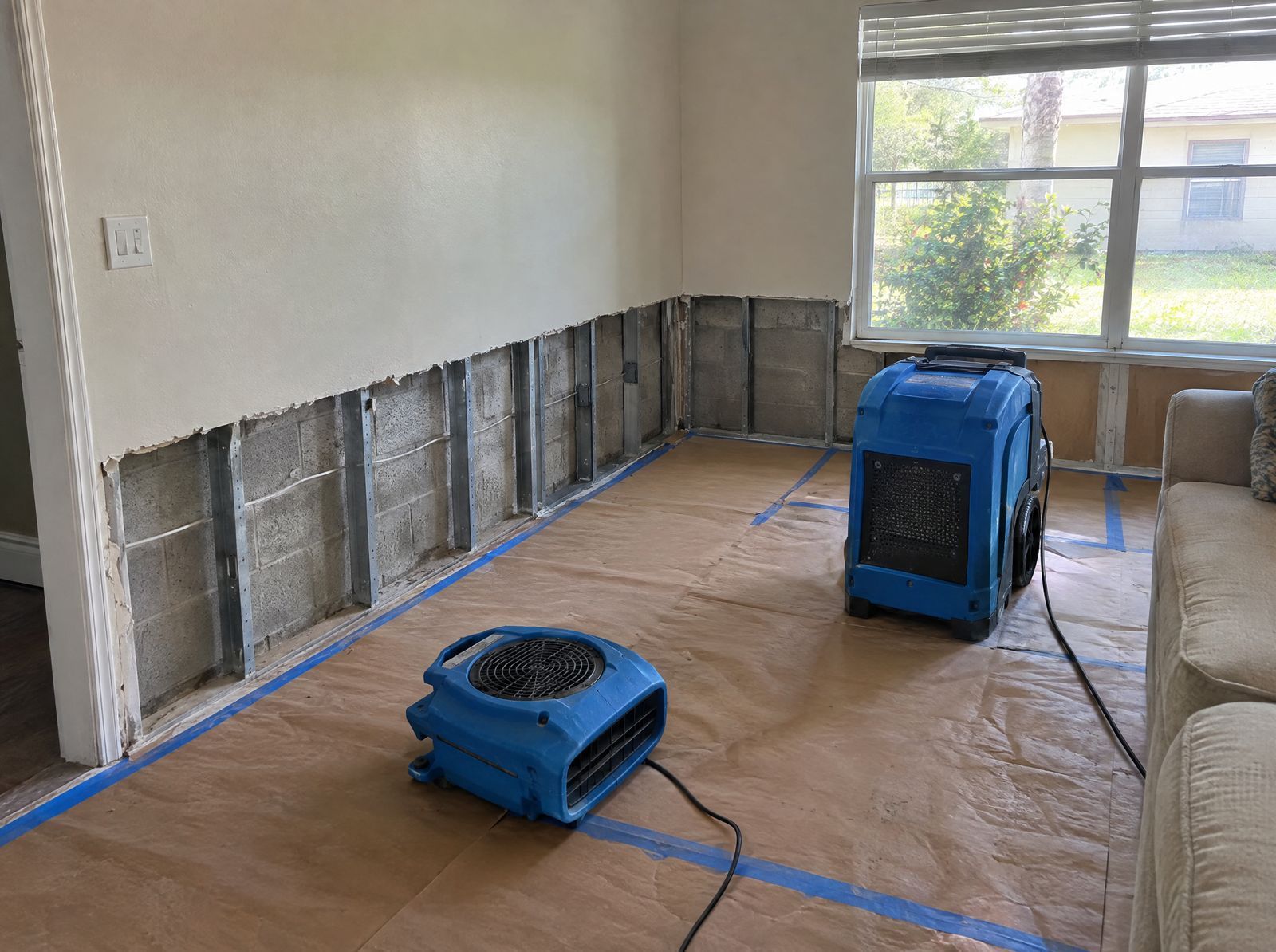 Room with the lower drywall removed, a dehumidifier and an air mover set up on a floor covered with protective paper.