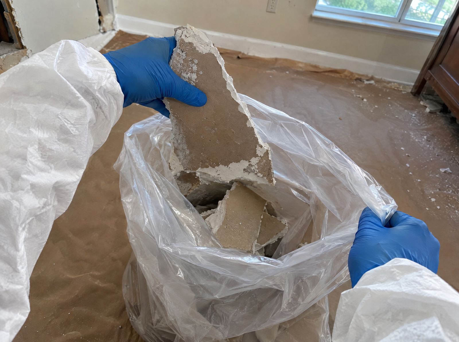 Gloved hands placing pieces of removed drywall into a clear plastic bag.