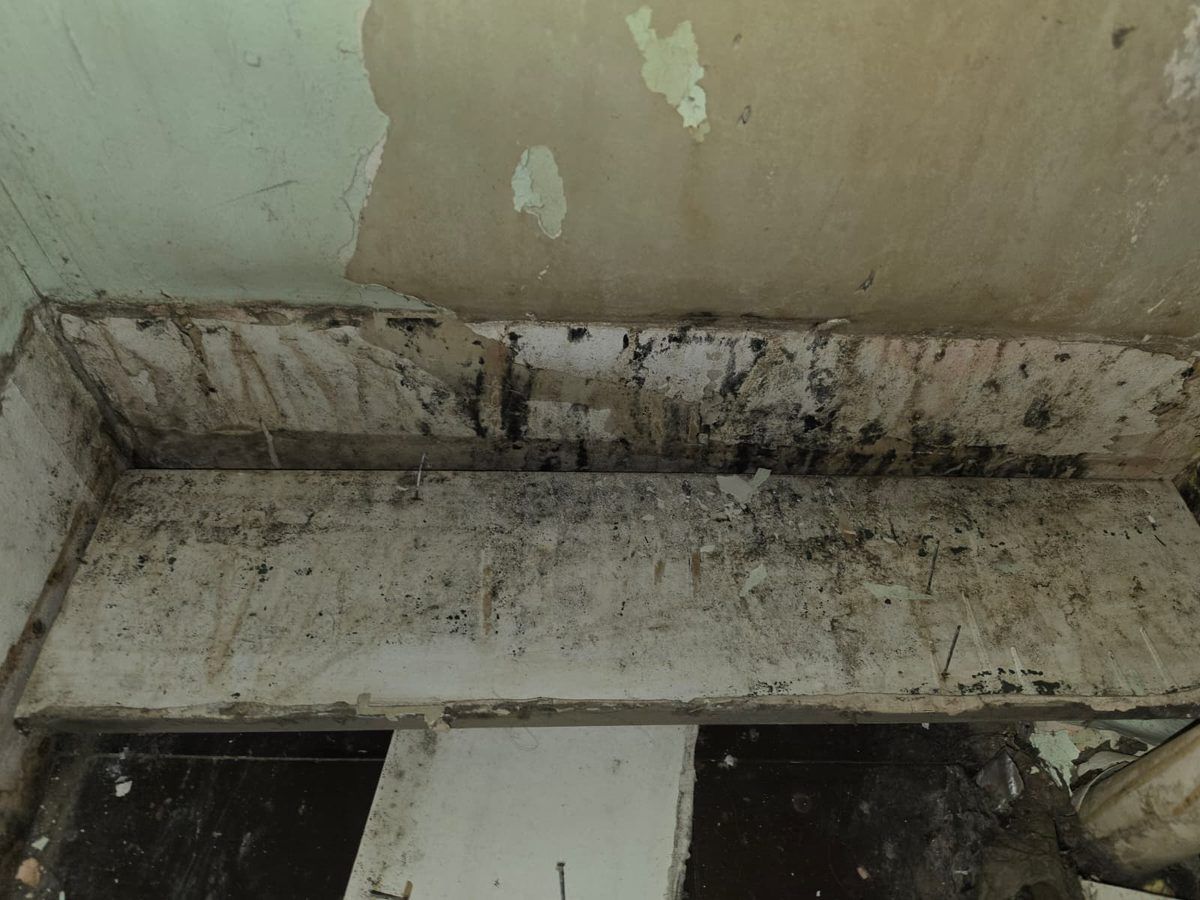 Dark staining and peeling paint behind a removed baseboard.