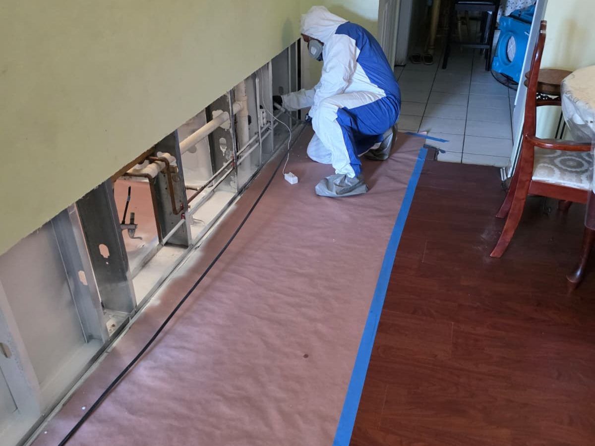 Worker in a protective suit kneeling at an opened wall, with the floor covered by protective paper.