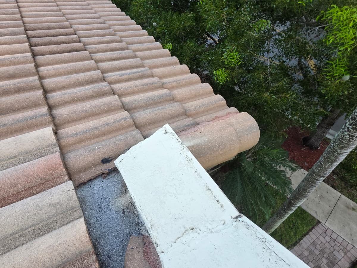 Clay tile roof and a white parapet wall with trees behind it.