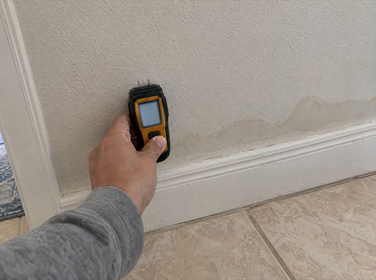 Hand holding a moisture meter against a wall above the baseboard, near a faint water line.