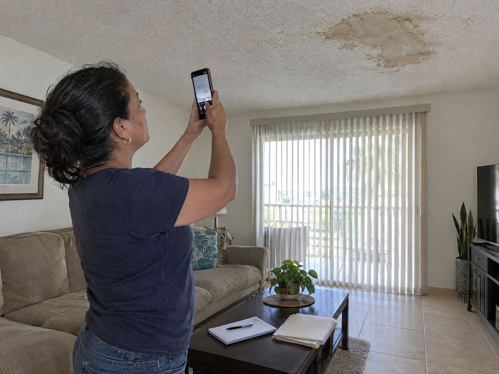 Person photographing a water stain on a living room ceiling, with notes and papers on the table.